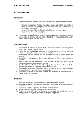 XI MBA UPC 2002-2004                                     Plan de Empresa: LITTLECHILD




III. LOS OBJETOS


Conceptos

   1. Diferentes tipos de objetos, naturales y elaborados, presentes en el entorno:

      •   Objetos habituales: Piedras, juguetes, palos, utensilios, productos y
          otros elementos tecnológicos relacionados con las necesidades y
          actividades cotidianas.
      •   Conocimiento de algunos objetos no habituales: Imanes, lupa...
      •   Los atributos físicos de los objetos.

   2. Funciones y utilización de los objetos cotidianos por las personas en relación
      con el aseo, la comida, la manipulación de objetos (tijera, sierra, lima...), las
      tareas cotidianas del hogar y otros.


Procedimientos

   1. Exploración de objetos a través de los sentidos y acciones como apretar,
      dejar caer, calentar, soplar, volcar...
   2. Producción de reacciones, cambios y transformaciones en los objetos,
      actuando sobre ellos y observando los resultados.
   3. Anticipación de los efectos de las acciones propias y ajenas sobre los
      objetos.
   4. Utilización y manipulación de objetos diversos de forma convencional y
      original.
   5. Identificación de las sensaciones que producen y las emociones que se
      experimentan en relación con los objetos.
   6. Construcción de artefactos, aparatos o juguetes sencillos en función de los
      propios intereses y de objetivos previamente fijados.
   7. Observación y clasificación de los objetos en función de sus características y
      de su utilización y ubicación en la vida cotidiana.
   8. Utilización ajustada de aquellos objetos que motivan la colaboración y la
      cooperación con los otros.


Actitudes

   1. Actitudes positivas y valoración del uso adecuado de los objetos.
   2. Actitud positiva por compartir los juguetes y objetos de su entorno familiar y
      escolar.
   3. Curiosidad ante los objetos e interés por su exploración.
   4. Respeto y cuidado de los objetos propios y colectivos.
   5. Valoración ajustada de los factores de riesgo de accidentes en la
      manipulación de objetos, evitando situaciones peligrosas.




                                                                                    77
 