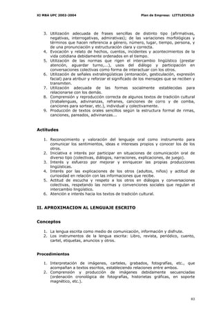 XI MBA UPC 2002-2004                                    Plan de Empresa: LITTLECHILD




   3. Utilización adecuada de frases sencillas de distinto tipo (afirmativas,
      negativas, interrogativas, admirativas); de las variaciones morfológicas y
      términos que hacen referencia a género, número, lugar, tiempo, persona, y
      de una pronunciación y estructuración clara y correcta.
   4. Evocación y relato de hechos, cuentos, incidentes y acontecimientos de la
      vida cotidiana debidamente ordenados en el tiempo.
   5. Utilización de las normas que rigen el intercambio lingüístico (prestar
      atención, aguardar turno,...), usos del diálogo y participación en
      conversaciones colectivas como forma de interactuar con los otros.
   6. Utilización de señales extralingüísticas (entonación, gesticulación, expresión
      facial) para atribuir y reforzar el significado de los mensajes que se reciben y
      transmiten.
   7. Utilización adecuada de las formas socialmente establecidas para
      relacionarse con los demás.
   8. Comprensión y reproducción correcta de algunos textos de tradición cultural
      (trabalenguas, adivinanzas, refranes, canciones de corro y de comba,
      canciones para sortear, etc.), individual y colectivamente.
   9. Producción de textos orales sencillos según la estructura formal de rimas,
      canciones, pareados, adivinanzas...


Actitudes

   1. Reconocimiento y valoración del lenguaje oral como instrumento para
      comunicar los sentimientos, ideas e intereses propios y conocer los de los
      otros.
   2. Iniciativa e interés por participar en situaciones de comunicación oral de
      diverso tipo (colectivas, diálogos, narraciones, explicaciones, de juego).
   3. Interés y esfuerzo por mejorar y enriquecer las propias producciones
      lingüísticas.
   4. Interés por las explicaciones de los otros (adultos, niños) y actitud de
      curiosidad en relación con las informaciones que recibe.
   5. Actitud de escucha y respeto a los otros en diálogos y conversaciones
      colectivas, respetando las normas y convenciones sociales que regulan el
      intercambio lingüístico.
   6. Atención e interés hacia los textos de tradición cultural.


II. APROXIMACION AL LENGUAJE ESCRITO


Conceptos

   1. La lengua escrita como medio de comunicación, información y disfrute.
   2. Los instrumentos de la lengua escrita: Libro, revista, periódico, cuento,
      cartel, etiquetas, anuncios y otros.


Procedimientos

   1. Interpretación de imágenes, carteles, grabados, fotografías, etc., que
      acompañan a textos escritos, estableciendo relaciones entre ambos.
   2. Comprensión y producción de imágenes debidamente secuenciadas
      (ordenación cronológica de fotografías, historietas gráficas, en soporte
      magnético, etc.).



                                                                                   83
 