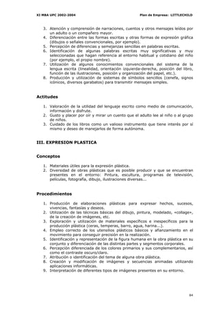 XI MBA UPC 2002-2004                                   Plan de Empresa: LITTLECHILD



   3. Atención y comprensión de narraciones, cuentos y otros mensajes leídos por
      un adulto o un compañero mayor.
   4. Diferenciación entre las formas escritas y otras formas de expresión gráfica
      (dibujos o señales convencionales, por ejemplo).
   5. Percepción de diferencias y semejanzas sencillas en palabras escritas.
   6. Identificación de algunas palabras escritas muy significativas y muy
      seleccionadas que hagan referencia al entorno habitual y cotidiano del niño
      (por ejemplo, el propio nombre).
   7. Utilización de algunos conocimientos convencionales del sistema de la
      lengua escrita (linealidad, orientación izquierda-derecha, posición del libro,
      función de las ilustraciones, posición y organización del papel, etc.).
   8. Producción y utilización de sistemas de símbolos sencillos (cenefa, signos
      icónicos, diversos garabatos) para transmitir mensajes simples.


Actitudes

   1. Valoración de la utilidad del lenguaje escrito como medio de comunicación,
      información y disfrute.
   2. Gusto y placer por oír y mirar un cuento que el adulto lee al niño o al grupo
      de niños.
   3. Cuidado de los libros como un valioso instrumento que tiene interés por sí
      mismo y deseo de manejarlos de forma autónoma.


III. EXPRESION PLASTICA


Conceptos

   1. Materiales útiles para la expresión plástica.
   2. Diversidad de obras plásticas que es posible producir y que se encuentran
      presentes en el entorno: Pintura, escultura, programas de televisión,
      películas, fotografía, dibujo, ilustraciones diversas...


Procedimientos

   1. Producción de elaboraciones plásticas para expresar hechos, sucesos,
      vivencias, fantasías y deseos.
   2. Utilización de las técnicas básicas del dibujo, pintura, modelado, «collage»,
      de la creación de imágenes, etc.
   3. Exploración y utilización de materiales específicos e inespecíficos para la
      producción plástica (ceras, temperas, barro, agua, harina...).
   4. Empleo correcto de los utensilios plásticos básicos y afianzamiento en el
      movimiento para conseguir precisión en la realización.
   5. Identificación y representación de la figura humana en la obra plástica en su
      conjunto y diferenciación de las distintas partes y segmentos corporales.
   6. Percepción diferenciada de los colores primarios y sus complementarios, así
      como el contraste oscuro/claro.
   7. Atribución o identificación del tema de alguna obra plástica.
   8. Creación y modificación de imágenes y secuencias animadas utilizando
      aplicaciones informáticas.
   9. Interpretación de diferentes tipos de imágenes presentes en su entorno.




                                                                                 84
 
