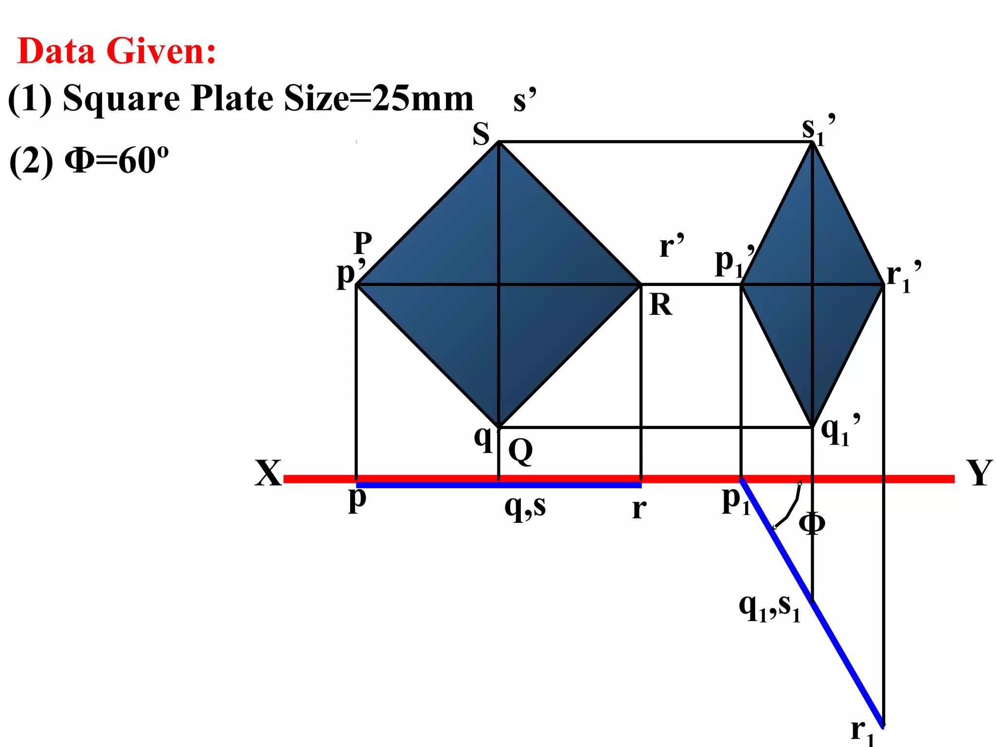 Data Given: 
(1) Square Plate Size=25mm 
(2) Φ=60º 
X Y 
q,s 
s1’ 
p’ 
s’ 
q’ 
r’ p1’ r1’ 
q1’ 
p r p1 
q1,s1 
r1 
Φ 
P 
S 
Q 
R 
 