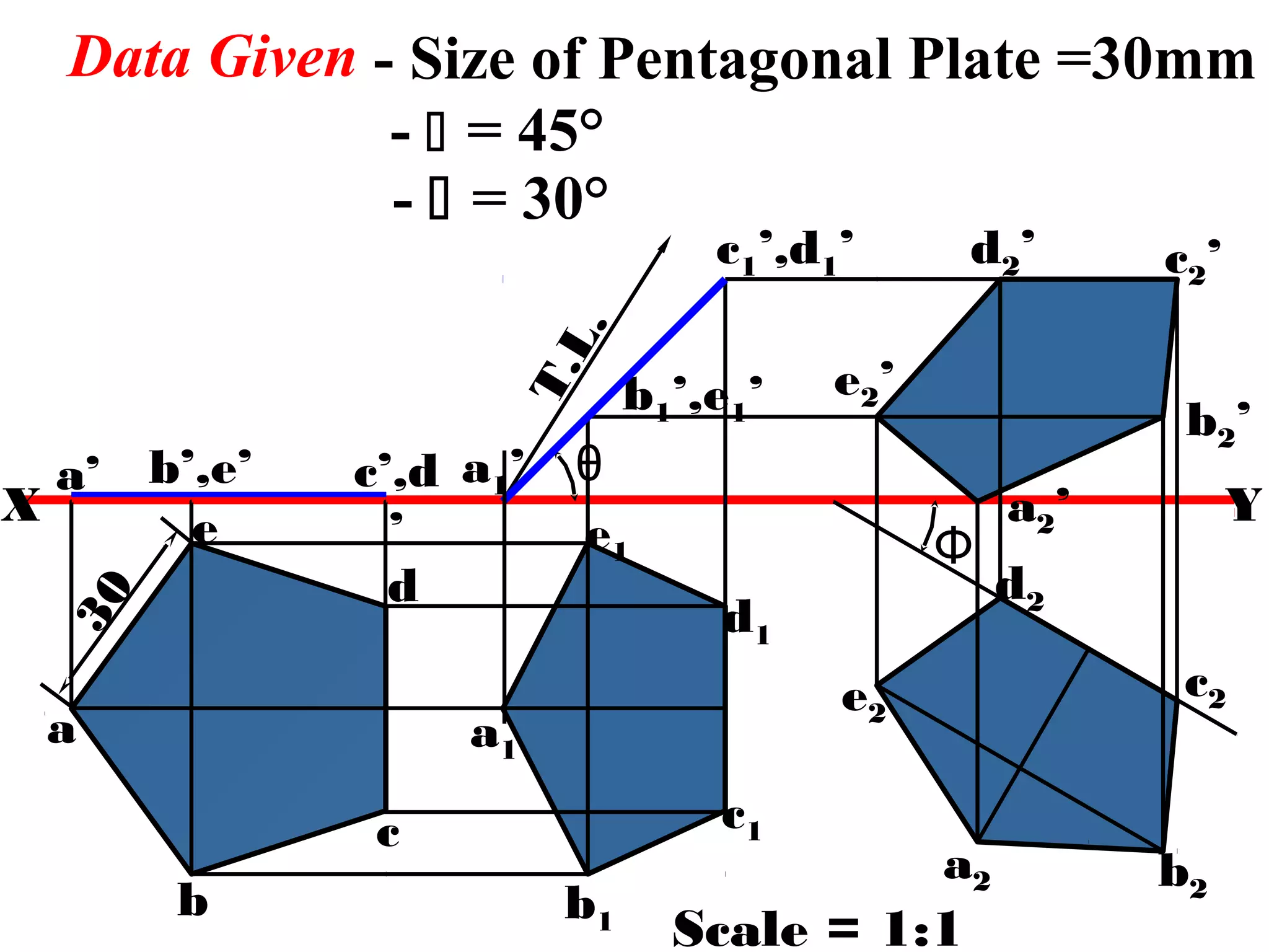 Data Given - Size of Pentagonal Plate =30mm 
X Y 
e 
a 
b 
c’,d 
’ 
d 
c 
a’ b’,e’ 
T.L. 
c1’,d1’ 
a1’ 
b1’,e1’ 
d1 
c1 
θ 
b1 
a1 
e1 
Φ 
e2’ 
d2’ c2’ 
b2’ 
a2’ 
d2 
c2 
b2 a2 
e2 
30 
Scale = 1:1 
-  = 45° 
-  = 30° 
 
