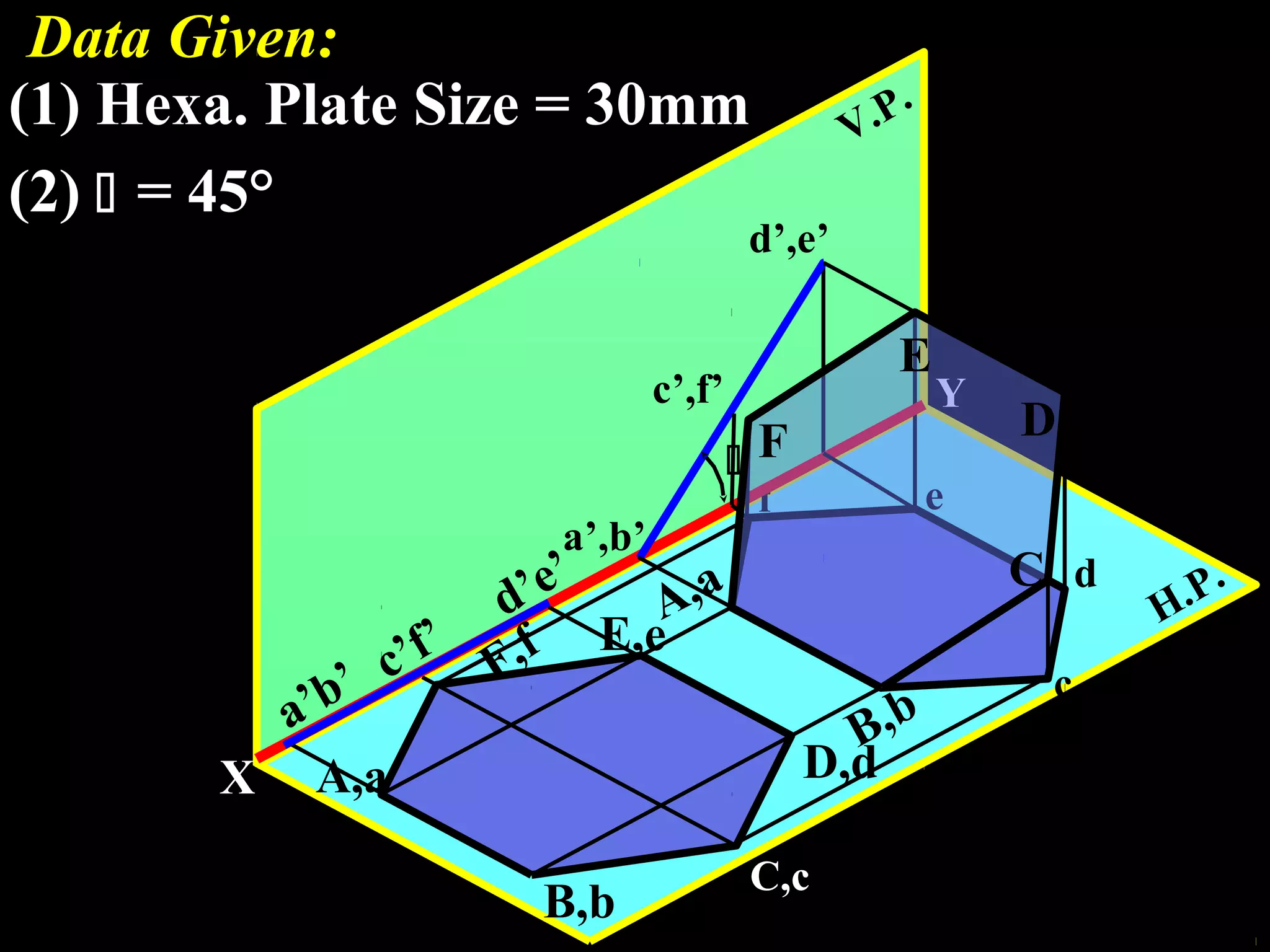 H.P. 
A,a 
V.P. 
c’f’ d’e’ 
a’b’ 
d’,e’ 
f e 
B,b 
D,d 
c’,f’ 
C,c 
a’,b’ 
A,a 
E,e 
F,f 
 
D 
d 
c 
X 
Y 
B,b 
C 
E 
F 
Data Given: 
(1) Hexa. Plate Size = 30mm 
(2)  = 45° 
 