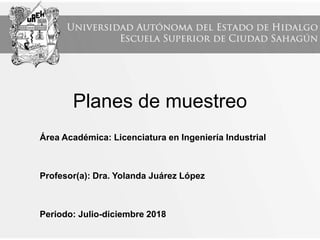 Planes de muestreo
Área Académica: Licenciatura en Ingeniería Industrial
Profesor(a): Dra. Yolanda Juárez López
Periodo: Julio-diciembre 2018
 