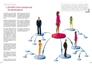 TERCER PASO                                                            Una estructura de venta bien organizada posibilita
                                                                            a las personas que has invitado la construcción de su
     	   ¡Sé líder! Crea tu propia red                                      propia red. Recuerda que no todos tienen que ser buenos
                                                                            vendedores, pero pueden contar con habilidades
     	   de distribuidores                                                  directivas gracias a las cuales serán buenos Patrocinadores.

     Te espera una nueva tarea            laborar a diario con cada uno
     y sólo de ti depende si decides      de los distribuidores. Una red
     realizarla. Tu objetivo consistirá   así posibilita una colaboración
     en crear una red de distribui-       armónica y conlleva beneficios
     dores.                               constantemente crecientes.

     Empezamos desde el principio:        Al crear la red, acuérdate de
     crear una red de distribuidores      otros. Déjales la oportunidad
     es nada más que convencer a          que tú también aprovechaste.
     otras personas a que se ocupen       Crea tu red de tal manera que
     de lo mismo que tú, de la venta      otras personas tengan la posi-
     de los productos de FM GROUP.        bilidad de hacer lo mismo.

     Hace poco creabas la lista de        Tal solución hará que vu-
     tus clientes potenciales. ¿Sa-       estro trabajo sea más efectivo
     bes que una parte de ellos           y conlleve más ganancias.
     son candidatos ideales a nue-
     vos Distribuidores? No temas
     que los pierdas como tus clien-
     tes. Cuando seas su patroci-
     nador, aparte del beneficio
     proveniente de la venta de
     productos, sacarás más prove-
     cho correspondiente a tu nu-
     evo papel.

     De ti depende a quién invitarás
     a la red. Pueden ser tus clientes
     actuales, puedes también in-
     vitar a otras personas. En este
     aspecto te dejamos toda la li-
     bertad de elegir.

     De ti depende cuántas perso-
     nas se juntarán a tu red. Cu-
     ando construyes tu estructura,
     tienes que recordar unas reglas
     generales:

     La mejor solución es crear tal
     red de venta que te permita co-

14                                                                                                                                         15
 
