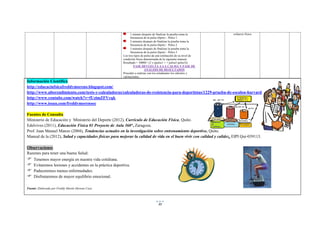 30
1 minuto después de finalizar la prueba toma la
frecuencia de tu pulso (bpm) – Pulso 1
2 minutos después de finalizar la prueba toma la
frecuencia de tu pulso (bpm) – Pulso 2
3 minutos después de finalizar la prueba toma la
frecuencia de tu pulso (bpm) – Pulso 3
Los tres tipos de pulso da una estimación de su nivel de
condición física determinada de la siguiente manera:
Resultado = 30000 / (2 x (pulse1 + + pulse2 pulse3))
FASE DEVUELTA A LA CALMA Y FASE DE
ANÁLISIS DE RESULTADOS
Proceder a realizar con los estudiantes los cálculos y
valoraciones.
esfuerzo físico.
Información Científica
http://educacinfsicafreddymoreno.blogspot.com/
http://www.altorendimiento.com/tests-y-calculadoras/calculadoras-de-resistencia-para-deportistas/1229-prueba-de-escalon-harvard
http://www.youtube.com/watch?v=fUzimZFVvqk
http://www.issuu.com/freddymorenoec
Fuentes de Consulta
Ministerio de Educación y Ministerio del Deporte (2012), Currículo de Educación Física, Quito.
Edelvives (2011), Educación Física 01 Proyecto de Aula 360°, Zaragoza.
Prof. Juan Manuel Manzo (2004), Tendencias actuales en la investigación sobre entrenamiento deportivo, Quito.
Manual de la (2012), Salud y capacidades físicas para mejorar la calidad de vida en el buen vivir con calidad y calidez, EIPI Qui-039113.
Observaciones
Razones para tener una buena Salud:
 Tenemos mayor energía en nuestra vida cotidiana.
 Evitaremos lesiones y accidentes en la práctica deportiva.
 Padeceremos menos enfermedades.
 Disfrutaremos de mayor equilibrio emocional.
Fuente: Elaborado por Freddy Martín Moreno Caza
 