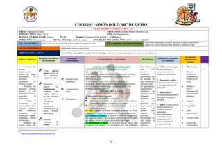 82
COLEGIO “SIMÓN BOLÍVAR” DE QUITO
PLAN MICRO CURRICULAR N° 13
ÁREA: Educación Física PROFESOR: Freddy Martín Moreno Caza
AÑO LECTIVO: 2014- 2015 AÑO: I de Bachillerato
BLOQUE CURRICULAR: Juegos N° 10 Nombre: Jugamos el basketball N° Horas 4
DURACIÓN: Dos semanas FECHA INICIAL: del 16 de marzo FECHA DE FINALIZACIÓN: al 27 de marzo del 2015
EJE TRANSVERSAL: Educación para la equidad de género y educación para la salud EJE CURRICULAR INTEGRADOR:
Desarrollar capacidades físicas y destrezas motrices específicas,
cognitivas y socio afectivas para mejorar la calidad de vida.
EJE DE APRENDIZAJE: Habilidades motrices específicas
OBJETIVO EDUCATIVO: Desarrollar la capacidad de comprensión de las reglas, técnicas y tácticas, para aplicarlas en la práctica deportiva.
Objetivo Didáctico
Destrezas con criterio
de desempeño
Estrategias
Metodológicas
Trabajo didáctico / Actividades Metodología
Indicadores esenciales
de evaluación
Evaluación
Instrumentos
Técnica
N°
Horas
normas
reglamentarias
básicas del juego,
aplicándolas en
diferentes
situaciones de
práctica o juego.
principios tácticos
básicos y las
habilidades técnicas
asociadas al
baloncesto.
ocupación de
espacios libres y los
recursos técnicos
para solucionar
problemas en
situaciones jugadas
intentando superar
al adversario.
actitud crítica ante
 Crear nuevos
juegos a partir de
las diferentes
reglas conocidas.
 Demostrar y
aplicar los
fundamentos
técnicos y las
reglas básicas
de los deportes
sugeridos
(baloncesto,
fútbol,
balonmano,
voleibol, tenis de
mesa, béisbol,
entre otros).
 Realizar
prácticas de
juegos en
Resolución de
problemas
Asignación de
tareas
Participativo.
FASE DE ACOGIDA E INFORMACIÓN
1 PRERREQUISITOS Información de la clase.
Ejercicios de Orden
2 BASQUET: ¿Sabe cómo surgió el baloncesto?, ¿Conoce
otra forma de jugar baloncesto?, ¿Cuál es el objetivo
principal del juego?
3 ESQUEMA CONCEPTUAL DE PARTIDA: El
basketball, nombre que le dieron sus primeros practicantes,
nació en Estados Unidos como consecuencia de <<un
problema climatológico>>.
FASE DE ADAPTACIÓN
DESARROLLO DEL CONOCIMIENTO:
¿Cómo se debe coger la pelota?
Colocar entre la cintura y el pecho.
Mantener los dedos de las manos bien abiertos
abarcando la máxima superficie de la pelota.
Toca la pelota con la yema de los dedos y no con la
palma de la mano.
El Bote.- Cuando se botea, acompaña la pelota de forma
suave con los dedos. No se golpea con la palma de la mano.
La recepción y el pase.- El pase es el elemento fundamental
del juego de ataque. Con los pases podemos mover la pelota
por todo el terreno de juego sin necesidad de botarla.
El lanzamiento (o tiro).- Es la acción que se utiliza para
conseguir una canasta, Ya descubrirá que hay diferentes
Para llevar a
cabo este
proceso de
enseñanza
aprendizaje, me
he basado en
una concepción
constructivista
del aprendizaje,
estableciendo
momentos de
reflexión con el
alumnado
diseñando una
serie de
preguntas que
hagan pensar y
buscar al
alumno una
solución al
problema,
favoreciendo de
este modo, la
interacción
profesor-
1 Utiliza las tecnologías
de la información y
comunicación como
fuente de información.
2 Demuestra y aplica
los fundamentos técnicos
y las reglas básicas del
basketball.
3 Diferencia los
principios fundamentales
del juego en ataque y
defensa.
4 Aplica al juego real de
forma eficiente los
recursos técnicos
aprendidos,
especialmente los
requeridos en la
progresión con el
móvil e impedir el
avance del rival.
Observación
Manual
Formar por
competencias
en educación
física.
Módulo 3:
leyes y
principios del
entrenamiento
deportivo.
Carpeta
Ficha N° 2
Links
electrónicos32
Lista de cotejo
Registro de
calificaciones
4
32
https://www.examtime.com/es-ES/p/2294296
 