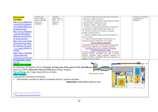 88
Información
Científica
http://www.efdeportes
.com/efd124/propuest
a-de-unidad-didactica-
de-natacion.htm
http://www.efdeportes
.com/efd150/unidad-
didactica-me-divierto-
en-la-piscina.htm
http://issuu.com/fredd
ymorenoec/docs/plan_
de_sistemas_de_gesti
__n__segur_6bce8131
55f28b
https://prezi.com/ltudy
7qucjrv/plan-del-
sistema-de-gestion-de-
la-seguridad-y-salud-
del-csb/
Fuentes de Consulta
M. Educación, M. Deporte (2012), Currículo de Educación Física para E.G.B y Bachillerato, Quito.
Edelvives (2008), Educación Física 02 ESO curso 2 P+q1, Zaragoza.
Plan del Riesgo del Colegio Simón Bolívar de Quito.
Observaciones
Calentamiento Específico de Natación:
1. Estiramiento cruzado los dedos levantando brazos y piernas estiradas.
Elaboración Freddy Martín Moreno Caza
34
http://jorgegarciagomez.org/natacion.html
confianza tanto
hacia el medio, las
tareas, el educador,
como a sus
compañeros.34
individual y
grupal dentro y
fuera de la
instalación
deportiva.
6.- Escuchar las indicaciones del profesor para cada ejercicio
o juego que se realice en la piscina.
7.- No caminar por las instalaciones de la piscina con los pies
con jabón de baño o algún tipo de crema.
8.- Respetar el tiempo a ocupar la ducha.
9.- No ingresar con elementos desconocidos o conocidos sin
que el profesor le indique (balones-ulas-cuerdas, etc.)
10.- No meter las manos en los orificios de la piscina
(desagüe-ventilación-chorro)
11.- Ingresar de espaldas al agua ya sea por la escalera o el
filo de la piscina.
12.- Cuidar los materiales didácticos de la piscina y los
diferentes accesorios e implementos de los baños.
FASE DE LOGROS DE OBJETIVOS
TRANSFERENCIA DEL CONOCIMIENTO: aplicación
de las normas y reglamento de la instalación deportiva.
FASE DEVUELTA A LA CALMA Y FASE DE
ANÁLISIS DE RESULTADOS
Es preciso conseguir la normalización en todos los aspectos
(psíquico, muscular, fisiológico), para logra se necesita
ejercicios sensoriales, juegos tranquilos, relajantes, de
reacción, divertidos y actividades suaves que consiga que el
organismo vuelva a la calma.
existente en el manual de
procedimientos y
funciones.
 
