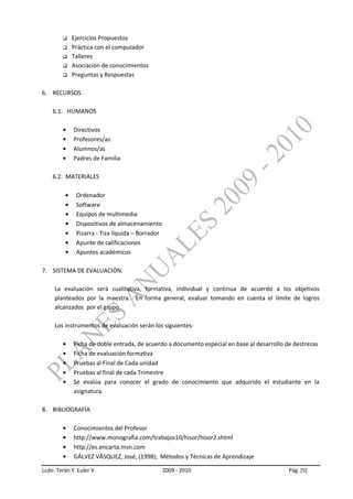    Ejercicios Propuestos
           Práctica con el computador
           Talleres
           Asociación de conocimientos
           Preguntas y Respuestas

6. RECURSOS

    6.1. HUMANOS

             Directivos
             Profesores/as
             Alumnos/as
             Padres de Familia

    6.2. MATERIALES

              Ordenador
              Software
              Equipos de multimedia
              Dispositivos de almacenamiento
              Pizarra - Tiza líquida – Borrador
              Apunte de calificaciones
              Apuntes académicos

7. SISTEMA DE EVALUACIÓN.

     La evaluación será cualitativa, formativa, individual y continua de acuerdo a los objetivos
     planteados por la maestra. En forma general, evaluar tomando en cuenta el límite de logros
     alcanzados por el grupo.

     Los instrumentos de evaluación serán los siguientes:

             Ficha de doble entrada, de acuerdo a documento especial en base al desarrollo de destrezas
             Ficha de evaluación formativa
             Pruebas al Final de Cada unidad
             Pruebas al final de cada Trimestre
             Se evalúa para conocer el grado de conocimiento que adquirido el estudiante en la
             asignatura.

8. BIBLIOGRAFÍA

             Conocimientos del Profesor
             http://www.monografia.com/trabajos10/hisor/hisor2.shtml
             http://es.encarta.msn.com
             GÁLVEZ VÁSQUEZ, José, (1998); Métodos y Técnicas de Aprendizaje

Lcdo. Terán Y. Euler V.                           2009 - 2010                              Pág. [5]
 