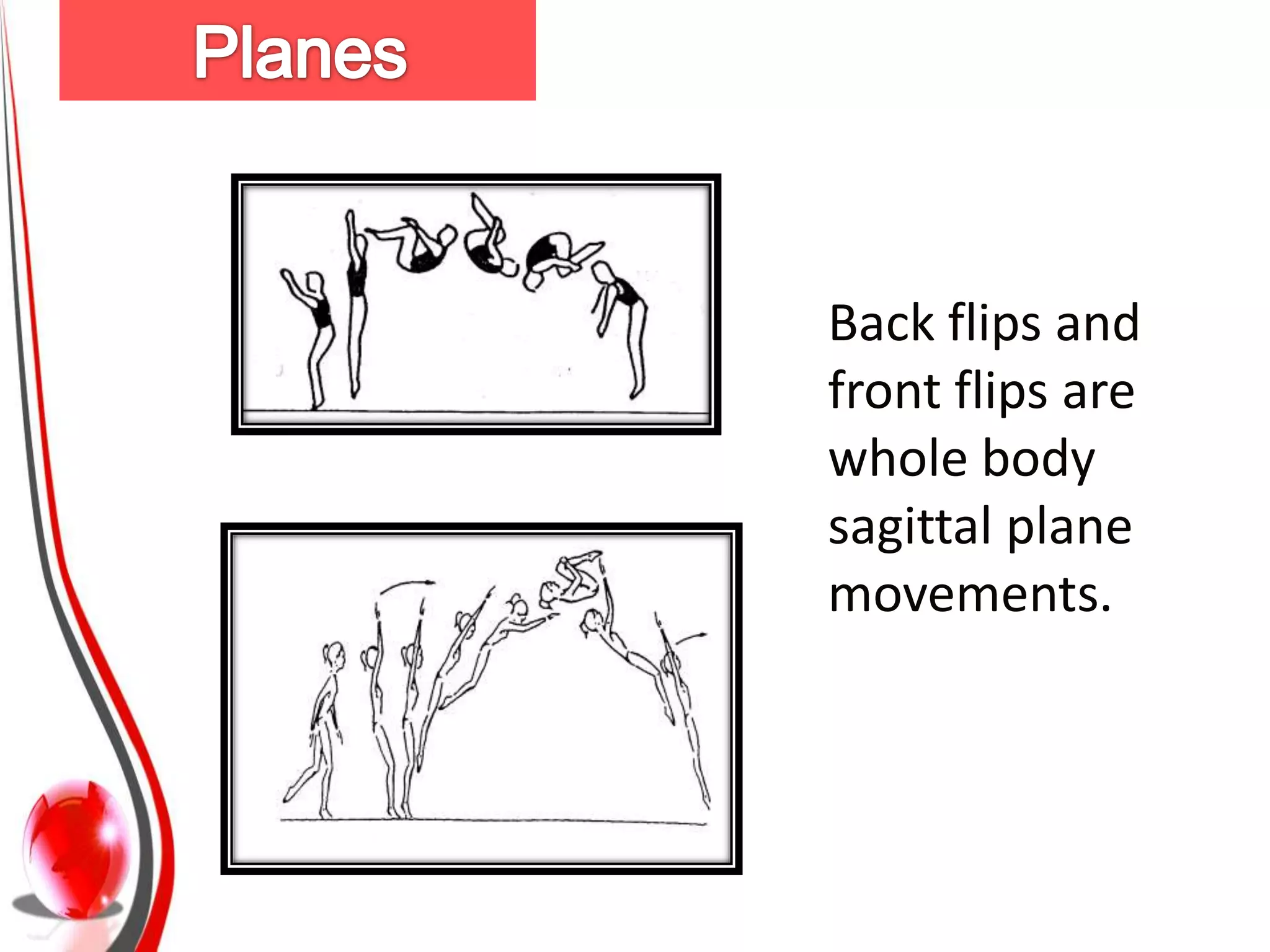 Back flips and
front flips are
whole body
sagittal plane
movements.
 