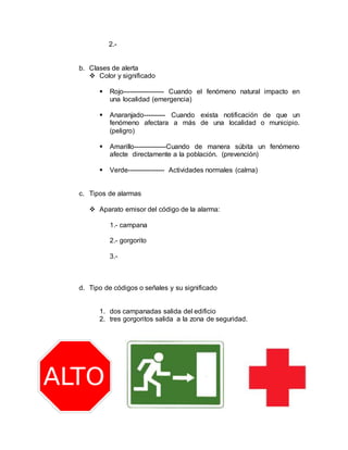 2.-
b. Clases de alerta
 Color y significado
 Rojo------------------- Cuando el fenómeno natural impacto en
una localidad (emergencia)
 Anaranjado---------- Cuando exista notificación de que un
fenómeno afectara a más de una localidad o municipio.
(peligro)
 Amarillo---------------Cuando de manera súbita un fenómeno
afecte directamente a la población. (prevención)
 Verde----------------- Actividades normales (calma)
c. Tipos de alarmas
 Aparato emisor del código de la alarma:
1.- campana
2.- gorgorito
3.-
d. Tipo de códigos o señales y su significado
1. dos campanadas salida del edificio
2. tres gorgoritos salida a la zona de seguridad.
 