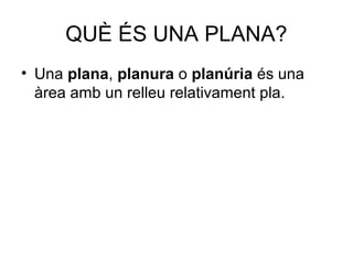 QUÈ ÉS UNA PLANA?
• Una plana, planura o planúria és una
àrea amb un relleu relativament pla.
 