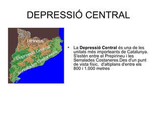 DEPRESSIÓ CENTRAL
• La Depressió Central és una de les
unitats més importeants de Catalunya.
S'estén entre el Prepirineu i les
Serralades Costaneres.Des d'un punt
de vista físic, d'altiplans d'entre els
800 i 1.000 metres
 