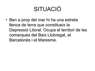 SITUACIÓ
• Ben a prop del mar hi ha una estreta
llenca de terra que constitueix la
Depressió Litoral. Ocupa el territori de les
comarques del Baix Llobregat, el
Barcelonès i el Maresme.
 