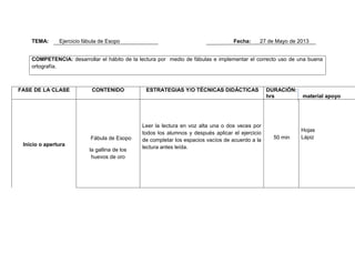 TEMA:

Ejercicio fábula de Esopo

Fecha:

27 de Mayo de 2013

COMPETENCIA: desarrollar el hábito de la lectura por medio de fábulas e implementar el correcto uso de una buena
ortografía.

FASE DE LA CLASE

CONTENIDO

Fábula de Esopo
Inicio o apertura
la gallina de los
huevos de oro

ESTRATEGIAS Y/O TÉCNICAS DIDÁCTICAS

Leer la lectura en voz alta una o dos veces por
todos los alumnos y después aplicar el ejercicio
de completar los espacios vacíos de acuerdo a la
lectura antes leída.

DURACIÓN:
hrs

50 min

material apoyo

Hojas
Lápiz

 