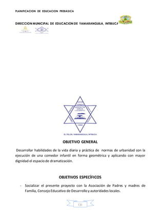 PLANIFICACION DE EDUCACION PREBASICA
DIRECCION MUNICIPAL DE EDUCACION DE YAMARANGUILA, INTIBUCA
131
OBJETIVO GENERAL
Desarrollar habilidades de la vida diaria y práctica de normas de urbanidad con la
ejecución de una comedor infantil en forma geométrica y aplicando con mayor
dignidad el espacio de dramatización.
OBJETIVOS ESPECÍFICOS
- Socializar el presente proyecto con la Asociación de Padres y madres de
Familia, Consejo Educativo de Desarrollo y autoridades locales.
 