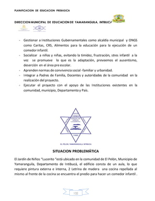 PLANIFICACION DE EDUCACION PREBASICA
DIRECCION MUNICIPAL DE EDUCACION DE YAMARANGUILA, INTIBUCA
132
- Gestionar a Instituciones Gubernamentales como alcaldía municipal y ONGS
como Caritas, CRS, Alimentos para la educación para la ejecución de un
comedor infantil.
- Socializar a niños y niñas, evitando la timidez, frustración, stres infantil a la
vez se promueve lo que es la adaptación, preveemos el ausentismo,
deserción en el área preescolar.
- Aprenden normas de convivencia social -familiar y urbanidad.
- Integrar a Padres de Familia, Docentes y autoridades de la comunidad en la
realización del proyecto.
- Ejecutar el proyecto con el apoyo de las Instituciones existentes en la
comunidad, municipio, Departamento y País.
SITUACION PROBLEMÁTICA
El Jardín de Niños “Lucerito “está ubicado en la comunidad de El Pelón, Municipio de
Yamaranguila, Departamento de Intibucá, el edificio consta de un aula, lo que
requiere pintura externa e interna, 2 Letrina de madera una cocina repellada al
mismo al frente de la cocina se encuentra el predio para hacer un comedor infantil .
 