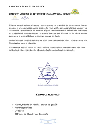PLANIFICACION DE EDUCACION PREBASICA
DIRECCION MUNICIPAL DE EDUCACION DE YAMARANGUILA, INTIBUCA
153
El juego fuera de aula en el receso u otro momento no es pérdida de tiempo como algunos
piensan, es una oportunidad que se ofrece a los niños y niñas para desarrollar sus cuerpos y su
coordinación. Principalmente los músculos mayores. Debe constituir un momento de interaccion
social agradables entre compañeros .En el patio nosotras o la profesora de pre básica observa
aspectos de la personalidad que no podemos observar en el aula.
Actores directos e indirectos del Jardín de niños, niñas Lucerito unidos junto a las ONGS, ONG, Red
Educativa Una luz en la Educación.
El proyecto se realizará gracias a la colaboración de los principales actores del proceso educativo
del Jardín de niños, niñas: Lucerito y Donantes locales, nacionales e internacionales
RECURSOS HUMANOS
- Padres, madres de Familia ( Equipo de gestión )
- Alumnos; alumnas
- Directora
- CED consejo Educativo de Desarrollo
 