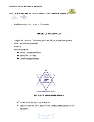 PLANIFICACION DE EDUCACION PREBASICA
DIRECCION MUNICIPAL DE EDUCACION DE YAMARANGUILA, INTIBUCA
154
- Red Educativa :Una Luz en la Educación
RECURSOS MATERIALES
- Juegos Recreativos: Columpios, silla mecedora , toboganes y otros
- Mini canchade básquetbol
- Pintura
- Infraestructura:
 como Comedor Infantil
 Sanitarios lavables
 Lavamanos pequeños
ACCIONES ADMINISTRATIVAS
 Elaboración del perfil de proyecto
 Socialización del perfil de proyecto con los actores del proceso
educativo
 