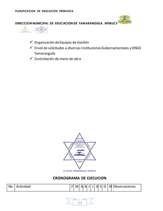 PLANIFICACION DE EDUCACION PREBASICA
DIRECCION MUNICIPAL DE EDUCACION DE YAMARANGUILA, INTIBUCA
155
 Organización deEquipos de Gestión
 Envió de solicitudes a diversas Instituciones Gubernamentales y ONGS
Yamaranguila
 Contratación de mano de obra
CRONOGRAMA DE EJECUCION
No Actividad F M A MJ J A S O N Observaciones
 
