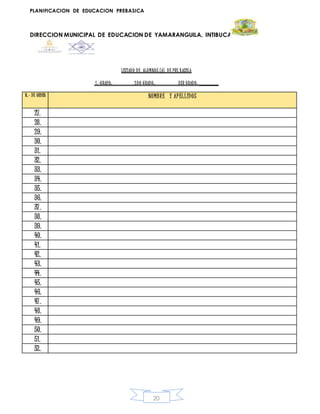 PLANIFICACION DE EDUCACION PREBASICA
DIRECCION MUNICIPAL DE EDUCACION DE YAMARANGUILA, INTIBUCA
20
LISTADO DE ALUMNOS (A) DE PRE BASICA
1.-GRADO: 2DO GRADO: 3ER GRADO: _______
N.- DE ORDEN NOMBRE Y APELLIDOS
27.
28.
29.
30.
31.
32.
33.
34.
35.
36.
37.
38.
39.
40.
41.
42.
43.
44.
45.
46.
47.
48.
49.
50.
51.
52.
 