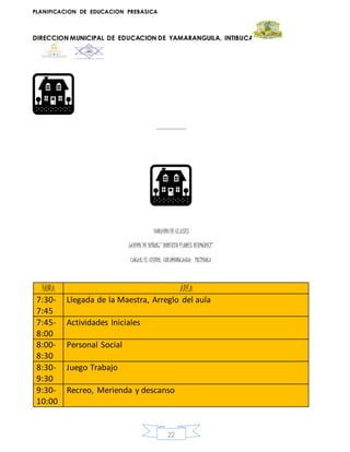 PLANIFICACION DE EDUCACION PREBASICA
DIRECCION MUNICIPAL DE EDUCACION DE YAMARANGUILA, INTIBUCA
22
__________
HORARIO DE CLASES
JARDÍN DE NIÑOS:” ROBERTO FLORES BERMÚDEZ”
LUGAR: EL CERRO, COLOMONCAGUA INTIBUCA
HORA ÁREA
7:30-
7:45
Llegada de la Maestra, Arreglo del aula
7:45-
8:00
Actividades Iniciales
8:00-
8:30
Personal Social
8:30-
9:30
Juego Trabajo
9:30-
10:00
Recreo, Merienda y descanso
 