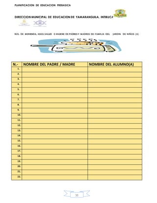 PLANIFICACION DE EDUCACION PREBASICA
DIRECCION MUNICIPAL DE EDUCACION DE YAMARANGUILA, INTIBUCA
38
ROL DE MERIENDA, ASEO, SALUD E HIGIENE DE PADRES Y MADRES DE FAMILIA DEL JARDIN DE NIÑOS (A)
N.- NOMBRE DEL PADRE / MADRE NOMBRE DEL ALUMNO(A)
1.
2.
3.
4.
5.
6.
7.
8.
9.
10.
11.
12.
13.
14.
15.
16.
17.
18.
19.
20.
21.
22.
 