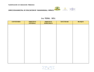 PLANIFICACION DE EDUCACION PREBASICA
DIRECCION MUNICIPAL DE EDUCACION DE YAMARANGUILA, INTIBUCA
50
Área PERSONAL SOCIAL
CONTENIDO OBJETIVO
GENERAL
OBJETIVO
ESPECIFICO
ESTÁNDAR BLOQUE
 