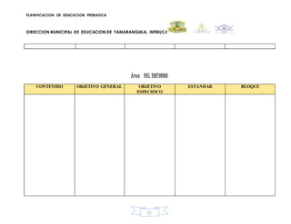PLANIFICACION DE EDUCACION PREBASICA
DIRECCION MUNICIPAL DE EDUCACION DE YAMARANGUILA, INTIBUCA
51
Área DEL ENTORNO
CONTENIDO OBJETIVO GENERAL OBJETIVO
ESPECIFICO
ESTÁNDAR BLOQUE
 