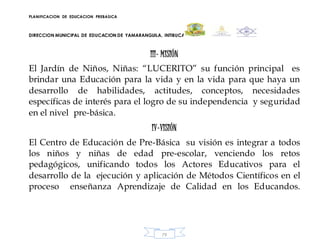 PLANIFICACION DE EDUCACION PREBASICA
DIRECCION MUNICIPAL DE EDUCACION DE YAMARANGUILA, INTIBUCA
79
III- MISIÓN
El Jardín de Niños, Niñas: “LUCERITO” su función principal es
brindar una Educación para la vida y en la vida para que haya un
desarrollo de habilidades, actitudes, conceptos, necesidades
específicas de interés para el logro de su independencia y seguridad
en el nivel pre-básica.
IV-VISIÓN
El Centro de Educación de Pre-Básica su visión es integrar a todos
los niños y niñas de edad pre-escolar, venciendo los retos
pedagógicos, unificando todos los Actores Educativos para el
desarrollo de la ejecución y aplicación de Métodos Científicos en el
proceso enseñanza Aprendizaje de Calidad en los Educandos.
 
