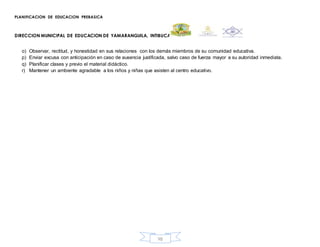 PLANIFICACION DE EDUCACION PREBASICA
DIRECCION MUNICIPAL DE EDUCACION DE YAMARANGUILA, INTIBUCA
98
o) Observar, rectitud, y honestidad en sus relaciones con los demás miembros de su comunidad educativa.
p) Enviar excusa con anticipación en caso de ausencia justificada, salvo caso de fuerza mayor a su autoridad inmediata.
q) Planificar clases y previo el material didáctico.
r) Mantener un ambiente agradable a los niños y niñas que asisten al centro educativo.
 