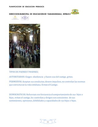 PLANIFICACION DE EDUCACION PREBASICA
DIRECCION MUNICIPAL DE EDUCACION DE YAMARANGUILA, INTIBUCA
99
TIPOS DE PADRESY MADRES:
AUTORITARIOS: Exigen obediencia y hacen uso delcastigo, gritos.
PERMISIVOS: Aceptan susconductas, deseos impulsos, no controlan las normas
que estructuran la vidacotidiana. Evitan el Castigo.
DEMOCRATICOS: Refuerzan con frecuenciaelcomportamiento de sus hijos e
hijas, evitan el castigo, les controlan y dirigen son conscientes desus
sentimientos, opiniones, debilidadesy capacidadesde sushijos e hijas.
 
