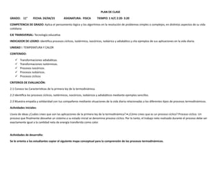 PLAN DE CLASE
GRADO: 11° FECHA: 24/04/23 ASIGNATURA: FISICA TIEMPO: 1 H/C 2:20- 3:20
COMPETENCIA DE GRADO: Aplica el pensamiento lógico y los algoritmos en la resolución de problemas simples o complejos, en distintos aspectos de su vida
cotidiana
EJE TRANSVERSAL: Tecnología educativa
INDICADOR DE LOGRO: Identifica procesos cíclicos, isotérmico, isocóricos, isobárico y adiabático y cita ejemplos de sus aplicaciones en la vida diaria.
UNIDAD I: TEMPERATURA Y CALOR
CONTENIDO:
✓ Transformaciones adiabáticas.
✓ Transformaciones isotérmicas.
✓ Procesos isocóricos.
✓ Procesos isobáricos.
✓ Procesos cíclicos
CRITERIOS DE EVALUACIÓN:
2.1 Conoce las Características de la primera ley de la termodinámica.
2.2 Identifica los procesos cíclicos, isotérmicos, isocóricos, isobáricos y adiabáticos mediante ejemplos sencillos.
2.3 Muestra empatía y solidaridad con tus compañeros mediante situaciones de la vida diaria relacionadas a los diferentes tipos de procesos termodinámicos.
Actividades iniciales:
Lluvia de ideas ¿Cuáles crees que son las aplicaciones de la primera ley de la termodinámica? • ¿Cómo crees que es un proceso cíclico? Proceso cíclico. Un
proceso que finalmente devuelve un sistema a su estado inicial se denomina proceso cíclico. Por lo tanto, el trabajo neto realizado durante el proceso debe ser
exactamente igual a la cantidad neta de energía transferida como calor.
Actividades de desarrollo:
Se le orienta a los estudiantes copiar el siguiente mapa conceptual para la comprensión de los procesos termodinámicos.
 