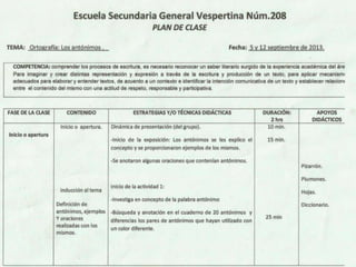 Planes de clase de 8vo semestre de español de secundaria general vespertina no.208