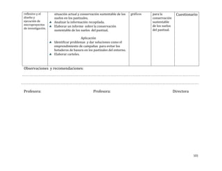 reflexivo y el      situación actual y conservación sustentable de los   gráficos   para la          Cuestionario
diseño y            suelos en los pastizales.                                       conservación
ejecución de        Analizar la información recopilada.                             sustentable
microproyectos                                                                      de los suelos
                    Elaborar un informe sobre la conservación
de investigación.
                    sustentable de los suelos del pastizal.                         del pastizal.

                                       Aplicación
                    Identificar problemas y dar soluciones como el
                    emprendimiento de campañas para evitar los
                    botaderos de basura en los pastizales del entorno.
                    Elaborar carteles.



Observaciones y recomendaciones:




Profesora:                                     Profesora:                                           Directora




                                                                                                                101
 
