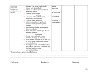 del texto. Pág 56 del cuaderno de          Guía
                   trabajo actividades 1 y 2                  docente
                  Activar los saberes previos sobre el
                   tema de la lectura.
                  Elaborar predicciones.
                                                              Cuadernos
                                     Lectura
                  Leer a una velocidad adecuada              Ejercicios
                   individual y grupalmente.
                  Verificar lo que se predijo                Pizarrón y
                  Seleccionar cuál es el significado         marcadores
                   correcto de una palabra según el
                   contexto.
                  Distinguir entre ideas principales e
                   ideas secundarias
                  Hacer relaciones entre lo que dice el
                   texto y la realidad.
                                   Poslectura
                  Revisar la estructura del relato
                   histórico de la pág 55 del texto.
                  Realizar las actividades de las pag 57 y
                   58 ; 63 y 64 del cuaderno de trabajo
                   para estudiantes.
                  Investigar sobre la historia del cultivo
                   del cacao en el Ecuador, comparar con
                   el relato histórico leído, e
                   intercambiar ideas.
Observaciones y recomendaciones:




Profesora:                                  Profesora:                     Directora


                                                                                       104
 