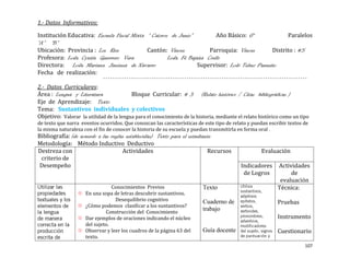 1.- Datos Informativos:

Institución Educativa: Escuela Fiscal Mixta “ Catorce de Junio”          Año Básico: 6°             Paralelos
“A” “B”
Ubicación: Provincia : Los Rios             Cantón: Vinces            Parroquia: Vinces       Distrito : #5
Profesora: Lcda. Cyntia Guerrero Vera                Lcda. Fé Bajaña Coello
Directora: Lcda. Mariana Jiménez de Navarro                       Supervisor: Lcdo Telmo Pazmiño
Fecha de realización:

2.- Datos Curriculares:
Área : Lengua y Literatura               Bloque Curricular: # 3 (Relato histórico / Citas bibliográficas )
Eje de Aprendizaje: Texto
Tema: Sustantivos individuales y colectivos
Objetivo: Valorar la utilidad de la lengua para el conocimiento de la historia, mediante el relato histórico como un tipo
de texto que narra eventos ocurridos. Que conozcan las características de este tipo de relato y puedan escribir textos de
la misma naturaleza con el fin de conocer la historia de su escuela y puedan transmitirla en forma oral
Bibliografía: (de acuerdo a las reglas establecidas) Texto para el estudiante
Metodología: Método Inductivo Deductivo
Destreza con                         Actividades                           Recursos                 Evaluación
 criterio de
 Desempeño                                                                                Indicadores      Actividades
                                                                                           de Logros            de
                                                                                                            evaluación
                                 Conocimientos Previos                   Texto                             Técnica:
                    En una sopa de letras descubrir sustantivos.
                                  Desequilibrio cognitivo                Cuaderno de                       Pruebas
                    ¿Cómo podemos clasificar a los suntantivos?
                              Construcción del Conocimiento
                                                                         trabajo
                    Dar ejemplos de oraciones indicando el núcleo                                         Instrumento
                     del sujeto.
                    Observar y leer los cuadros de la página 63 del     Guía docente                      Cuestionario
                     texto.
                                                                                                                       107
 
