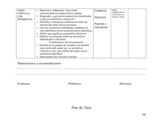  Observar y reflexionar cómo están                   Cuadernos
               estructurados los núcleos de los sujetos.
              Responder ¿ qué son los sustantivos individuales    Ejercicios
               y qué son sustantivos colectivos?
              Identificar semejanzas y diferencias entre los
               núcleos del sujeto de las oraciones.                Pizarrón y
              Leer los sustantivos individuales nombran un        marcadores
               solo individuo y otros nombran varios individuos.
              Definir que significan sustantivos colectivos.
              Elaborar un esquema sobre los sustantivos
               individuales y colectivos.
                        Transferencia del Conocimiento
              Escribir en un pedazo de cartulina una oración
               cuyo núcleo del sujeto sea un sustantivo
               colectivo y otra cuyo núcleo del sujeto sea un
               sustantivo individual.
              Intercambiar las oraciones escritas.

Observaciones y recomendaciones:




Profesora:                                Profesora:                            Directora




                                             Plan de Clase

                                                                                            108
 