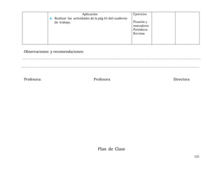 Aplicación                       Ejercicios
                Realizar las actividades de la pág 61 del cuaderno
                de trabajo.                                          Pizarrón y
                                                                     marcadores
                                                                     Periódicos
                                                                     Revistas




Observaciones y recomendaciones:




Profesora:                                Profesora                               Directora




                                             Plan de Clase
                                                                                              122
 