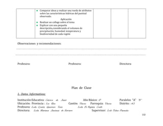 Comparar ideas y realizar una rueda de atributos
                  sobre las características hídricas del pastizal
                  observado.
                                      Aplicación
                  Realizar un collage sobre el tema
                  Explicar con una pequeña
                  descripción,considerando el volumen de
                  precipitación, humedad, temperatura y
                  biodiversidad de cada región


Observaciones y recomendaciones:




Profesora:                                  Profesora:                            Directora




                                               Plan de Clase
1.- Datos Informativos:

Institución Educativa: Catorce de Junio             Año Básico: 6°                 Paralelos “A” “B”
Ubicación: Provincia : Los Rios         Cantón: Vinces    Parroquia: Vinces        Distrito : #5
Profesora: Lcda. Cyntia Guerrero Vera          Lcda. Fé Bajaña Coello
Directora: Lcda. Mariana Jiménez de Navarro                 Supervisor: Lcdo Telmo Pazmiño
                                                                                                       132
 