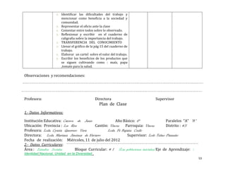 o Identificar las dificultades del trabajo y
                      mencionar como beneficia a la sociedad y
                      comunidad.
                    o Representar el oficio ante la clase
                    o Comentar entre todos sobre lo observado.
                    o Reflexionar y escribir en el cuaderno de
                      caligrafia sobre la importancia del trabajo.
                    o TRANSFERENCIA DEL CONOCIMIENTO
                    o Llenar el gráfico de la pág 15 del cuaderno de
                      trabajo.
                    o Elaborar un cartel sobre el valor del trabajo.
                    o Escribir los beneficios de los productos que
                      se siguen cultivando como : maíz, papa
                      ,tomate para la salud.

Observaciones y recomendaciones:




Profesora:                                      Directora                     Supervisor
                                                  Plan de Clase
1.- Datos Informativos:

Institución Educativa: Catorce de Junio              Año Básico: 6°                   Paralelos “A” “B”
Ubicación: Provincia : Los Rios         Cantón: Vinces     Parroquia: Vinces          Distrito : #5
Profesora: Lcda. Cyntia Guerrero Vera           Lcda. Fé Bajaña Coello
Directora: Lcda. Mariana Jiménez de Navarro                  Supervisor: Lcdo Telmo Pazmiño
Fecha de realización: Miércoles, 11 de julio del 2012
2.- Datos Curriculares:
Área : Estudios Sociales      Bloque Curricular: # 1 (Las poblaciones iniciales) Eje de Aprendizaje: :
Identidad Nacional, Unidad en la Diversidad .
                                                                                                          53
 