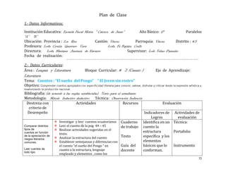 Plan de Clase
1.- Datos Informativos:

Institución Educativa: Escuela Fiscal Mixta “ Catorce de Junio”          Año Básico: 6°             Paralelos
“A” “B”
Ubicación: Provincia : Los Rios             Cantón: Vinces            Parroquia: Vinces       Distrito : #5
Profesora: Lcda. Cyntia Guerrero Vera                Lcda. Fé Bajaña Coello
Directora: Lcda. Mariana Jiménez de Navarro                       Supervisor: Lcdo Telmo Pazmiño
Fecha de realización:

2.- Datos Curriculares:
Área : Lengua y Literatura           Bloque Curricular: # 2 (Cuento )           Eje de Aprendizaje:
Literatura
Tema: Cuentos : “El sueño del Pongo” “ El Joven sin rostro”
Objetivo:

Bibliografía: (de acuerdo a las reglas establecidas) Texto para el estudiante
Metodología: Método Inductivo deductivo Técnica: Observación Indirecta
   Destreza con                    Actividades                      Recursos              Evaluación
    criterio de
   Desempeño                                                                   Indicadores de Actividades de
                                                                                   Logros         evaluación
                      Investigar y leer cuentos ecuatorianos Cuaderno        Identifica en un Técnica:
Comparar distintos    Leer el cuento de la pag 44 – 45           de trabajo cuento la
tipos de              Realizar actividades sugeridas en el
cuentos en función                                                            estructura        Portafolio
                       texto.
de la apreciación de
                      Analizar la estructura del cuento          Texto       específica y los
rasgos literarios
comunes.              Establecer semejanzas y diferencias con                elementos
                       el cuento “el sueño del Pongo “ en         Guía del    básicos que lo    Instrumento
Leer cuentos de
todo tipo
                       cuanto a la estructura, lenguaje           docente     conforman.
                     empleado y elementos , como los
                                                                                                           72
 