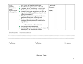 (actual               inca y sobre las imágenes observadas.                 Mapa del
Ecuador),             Describir las imágenes en base de lo leído.
destacando las
                                                                            Ecuador
                      Comparar hechos pasados con la vida actual.
formas
                      Analizar cómo está compuesto nuestro país.
de organización                                                             Esfera
militar y política.   Establecer relaciones de comparación entre la
                      organización militar y política del imperio inca
                      con la realidad actual.
                      Reflexionar y definir conceptos a través de un
                      mapa conceptual sobre le imperio inca.
                      Destacar aspectos como: origen, formas de
                      expansión, personajes y otras características
                      importantes.

                             Transferencia del Conocimiento
                      Interpretar organizador gráfico .
                      Localizar lugares iportantes del imperio inca en el
                      mapa (pag 22 del cuaderno de trabajo).

Observaciones y recomendaciones:




Profesora:                                      Profesora:                             Directora




                                                   Plan de Clase
                                                                                                   89
 