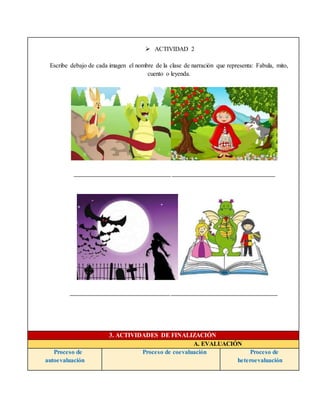 ACTIVIDAD 2
Escribe debajo de cada imagen el nombre de la clase de narración que representa: Fabula, mito,
cuento o leyenda.
3. ACTIVIDADES DE FINALIZACIÓN
A. EVALUACIÓN
Proceso de
autoevaluación
Proceso de coevaluación Proceso de
heteroevaluación
 