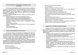 Errores frecuentes en la formulación de diagnósticos de
  f                              enfermería
                                                                                       - Moverse y mantener posturas adecuadas
                                                                                       - Dormir y descansar
         La formulación de diagnósticos de Enfermería requiere una práctica de         - Escoger ropa adecuada: vestirse y desvestirse.
 la que hoy no disfrutamos y de una larga experiencia. Como en cualquier              - Mantener la temperatura corporal dentro de los límites normales,
 profesión no estamos libres de cometer errores hasta que gocemos de una                  adecuando ropa y modificando el ambiente.
 cierta habilidad, para intentar facilitar la elaboración de enunciados
                                                                                       - Mantener la higiene corporal y la integridad de la piel.
 diagnósticos con precisión, deberemos evitar algunos errores de frecuente
 aparición en su construcción.                                                         - Evitar los peligros ambientales y evitar lesionar a otras personas.
     Al enunciar Diagnósticos de Enfermería se debe tener presente evitar los          - Comunicarse con los demás expresando emociones, necesidades, temores
 siguientes errores:                                                                     u opiniones.
     - Expresar el diagnóstico como una necesidad del paciente                         - Rendir culto según propias creencias.
     - Expresar el diagnóstico en términos de actividad de enfermería
                                                                                       - Trabajar de tal forma que su labor tenga sentido de realización personal.
     - Invertir el orden en las dos primeras partes del diagnóstico.
     - Confundir los signos y síntomas con la primera parte del diagnóstico.           - Jugar y participar en actividades recreativas.
     - Formular un diagnóstico como si fuera un tratamiento o prueba                   - Aprender, descubrir o satisfacer la curiosidad que conduce a un desarrollo
                                                                                                                                              10
         diagnóstica.                                                                    normal y a utilizar los medios sanitarios existentes.
     - Incluir más de un problema.
     - Expresar el diagnóstico de enfermería como si fuera un diagnóstico
         médico.
     - Emitir juicios de valor.                                                   h      Diagnósticos no incluidos en la taxonomía NANDA
     - Comprometerse legalmente.
                                                                                        Cualquier enfermera/o puede intentar la formulación de un diagnóstico
                                                                                 que no aparezca en la lista aprobada por N.A.N.D.A.I., pero parece lógico
  g       Identificación de diagnósticos de enfermería                           apoyarse en el trabajo de un grupo de expertos que han trabajado en la
                                                                                 validación de diagnósticos de enfermería, para esto le proponemos que siga los
          Para llegar a formular correctamente los diagnósticos de enfermería    siguientes pasos:
 tendremos que haber identificado previamente los problemas de salud que             - Intente en primer lugar encontrar la categoría diagnóstica (aprobada
 presenta el paciente. La identificación de problemas requiere aplicar en toda           por NANDAI) que corresponda al problema identificado por Ud.
 su extensión las técnicas de valoración para recolectar datos (Observación,         - No comience utilizando la totalidad de los diagnósticos.
 entrevista, examen físico) aunque, conviene utilizar estrategias que nos            - Familiarícese con aquellos que Ud. cree que son más comunes en sus
 garanticen una definición precisa y homogénea de los mismos.                            pacientes.
          Dichas estrategias, tendrán como referencia el modelo de cuidados          - Si tiene una especial resistencia para emplear alguno de ellos no se
 que apliquemos en nuestra práctica profesional, en nuestro caso utilizamos la           sienta obligado a emplearlos.
 clasificación de actividades (necesidades) fundamentales que propone Virginia       - Comente con sus colegas las dificultades con las que se encuentra.
 Henderson para “ayudar a los pacientes o darles los conocimientos necesarios        - Busque el momento oportuno para consultar alguna clasificación,
 para que puedan llevarlas a cabo sin ayuda:”                                            donde confirmar las categorías definitorias (definición y/o
                                                                                         características definitorias) y las etiologías con los datos obtenidos por
      - Respirar normalmente                                                             Ud. en la valoración.
                                                                                     - Si detecta algún error en un diagnóstico ya enunciado, sea asertivo y
      - Comer y beber adecuadamente                                                      modifíquelo.
      - Eliminar por todas las vías corporales


Página |14|                                                                                                                                            Página |15|
 