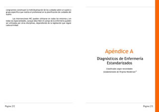 congruentes constituyen la individualización de los cuidados sobre un sujeto o
 grupo específico que realiza el profesional en la planificación de cuidados del
 sujeto.

          Las intervenciones NIC pueden utilizarse en todos los entornos y en
 todas las especialidades, aunque describen el campo de la enfermería pueden
 ser utilizadas por otras disciplinas, dependiendo de la legislación que regule
 cada actividad.




                                                                                       Apéndice A
                                                                                   Diagnósticos de Enfermería
                                                                                        Estandarizados
                                                                                         Clasificados según necesidades
                                                                                      fundamentales de Virginia Henderson 14




Página |22|                                                                                                                    Página |23|
 