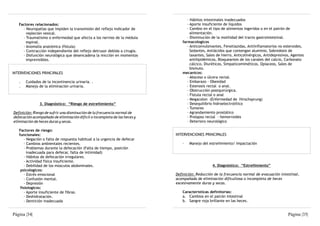 - Hábitos intestinales inadecuados
   Factores relacionados:                                                        - Aporte insuficiente de líquidos
     - Neuropatías que impiden la transmisión del reflejo indicador de           - Cambio en el tipo de alimentos ingeridos o en el patrón de
       repleción vesical.                                                          alimentación.
     - Traumatismo o enfermedad que afecta a los nervios de la médula            - Disminución de la motilidad del tracto gastrointestinal.
       espinal.                                                               farmacologicos
     - Anomalía anatómica (fístula)                                              - Anticonvulsivantes, Fenotiazidas, Antiinflamatorios no esteroides,
     - Contracción independiente del reflejo detrusor debida a cirugía.            Sedantes, Antiácidos que contengan aluminio, Sobredosis de
     - Disfunción neurológica que desencadena la micción en momentos               laxantes, Sales de hierro, Anticolinérgicos, Antidepresivos, Agentes
       imprevisibles.                                                              antilipidémicos, Bloqueantes de los canales del calcio, Carbonato
                                                                                   cálcico, Diuréticos, Simpaticomiméticos, Opiaceos, Sales de
                                                                                   bismuto.
INTERVENCIONES PRINCIPALES                                                    mecanicos:
                                                                                 - Absceso o úlcera rectal.
   .   Cuidados de la incontinencia urinaria. .                                  - Embarazo - Obesidad
   .   Manejo de la eliminación urinaria.                                        - Estenosis rectal o anal.
                                                                                 - Obstrucción postquirúrgica.
                                                                                 - Fístula rectal o anal
                                                                                 - Megacolon (Enfermedad de Hirschsprung)
               3. Diagnóstico: “Riesgo de estreñimiento”                         - Desequilibrio hidroelectrolítico
                                                                                 - Tumores
Definición: Riesgo de sufrir una disminución de la frecuencia normal de          - Agrandamiento prostático
defecación acompañado de eliminación difícil o incompleta de las heces y         - Prolapso rectal - hemorroides
eliminación de heces duras y secas.                                              - Deterioro neurológico

   Factores de riesgo:
   funcionales:                                                            INTERVENCIONES PRINCIPALES
       - Negación o falta de respuesta habitual a la urgencia de defecar
       - Cambios ambientales recientes.                                       ·   Manejo del estreñimiento/ Impactación
       - Problemas durante la defecación (Falta de tiempo, posición
         inadecuada para defecar, falta de intimidad)
       - Hábitos de defecación irregulares.
       - Actividad física insuficiente.
       - Debilidad de los músculos abdominales.                                                 4. Diagnóstico: “Estreñimiento”
    psicologicos:
       - Estrés emocional                                                  Definición: Reducción de la frecuencia normal de evacuación intestinal,
       - Confusión mental.                                                 acompañada de eliminación dificultosa o incompleta de heces
       - Depresión                                                         excesivamente duras y secas.
    fisiologicos:
       - Aporte insuficiente de fibras.                                       Características definitorias:
       - Deshidratación.                                                      a. Cambios en el patrón intestinal
       - Dentición inadecuada                                                 b. Sangre roja brillante en las heces.


Página |34|                                                                                                                                  Página |35|
 