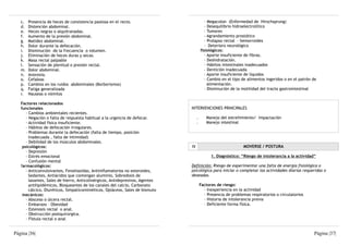 c.   Presencia de heces de consistencia pastosa en el recto.                            - Megacolon (Enfermedad de Hirschsprung)
   d.   Distención abdominal.                                                              - Desequilibrio hidroelectrolítico
   e.   Heces negras o alquitranadas.                                                      - Tumores
   f.   Aumento de la presión abdominal.                                                   - Agrandamiento prostático
   g.   Matidez abdominal.                                                                 - Prolapso rectal - hemorroides
   h.   Dolor durante la defecación.                                                       - Deterioro neurológico
   i.   Disminución de la frecuencia o volumen.                                         fisiológicos:
   j.   Eliminación de heces duras y secas.                                                - Aporte insuficiente de fibras.
   k.   Masa rectal palpable                                                               - Deshidratación.
   l.   Sensación de plenitud o presión rectal.                                            - Hábitos intestinales inadecuados
   m.   Dolor abdominal.                                                                   - Dentición inadecuada
   n.   Anorexia.                                                                          - Aporte insuficiente de líquidos
   o.   Cefaleas                                                                           - Cambio en el tipo de alimentos ingeridos o en el patrón de
   p.   Cambios en los ruidos abdominales (Borborismos)                                      alimentación.
   q.   Fatiga generalizada                                                                - Disminución de la motilidad del tracto gastrointestinal
   r.   Nauseas o vómitos

   Factores relacionados
   funcionales                                                                 INTERVENCIONES PRINCIPALES
      - Cambios ambientales recientes.
      - Negación o falta de respuesta habitual a la urgencia de defecar.            .      Manejo del estreñimiento/ Impactación
      - Actividad física insuficiente.                                              .      Manejo intestinal
      - Hábitos de defecación irregulares.
      - Problemas durante la defecación (falta de tiempo, posición
        inadecuada , falta de intimidad)
      - Debilidad de los músculos abdominales.
    psicológicos:                                                              IV                              MOVERSE / POSTURA
      - Depresión
      - Estrés emocional                                                                      1. Diagnóstico: “Riesgo de intolerancia a la actividad”
      - Confusión mental
   farmacológicos:                                                             Definición: Riesgo de experimentar una falta de energía fisiológica o
      - Anticonvulsivantes, Fenotiazidas, Antimflamatorios no esteroides,      psicológica para iniciar o completar las actividades diarias requeridas o
        Sedantes, Antiácidos que contengan aluminio, Sobredosis de             deseadas.
        laxantes, Sales de hierro, Anticolinérgicos, Antidepresivos, Agentes
        antilipidémicos, Bloqueantes de los canales del calcio, Carbonato               Factores de riesgo:
        cálcico, Diuréticos, Simpaticomiméticos, Opiáceos, Sales de bismuto               - Inexperiencia en la actividad
    mecánicos:                                                                            - Presencia de problemas respiratorios o circulatorios
      - Absceso o úlcera rectal.                                                          - Historia de intolerancia previa
      - Embarazo - Obesidad                                                               - Deficiente forma física.
      - Estenosis rectal o anal.
      - Obstrucción postquirúrgica.
      - Fístula rectal o anal


Página |36|                                                                                                                                          Página |37|
 
