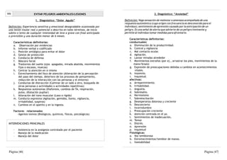 VIII                    EVITAR PELIGROS AMBIENTALES/LESIONES                                           2. Diagnóstico: “Ansiedad”

                         1. Diagnóstico: “Dolor Agudo”                         Definición: Vaga sensación de malestar o amenaza acompañada de una
                                                                               respuesta autonómica (cuyo origen con frecuencia es desconocido para el
 Definición: Experiencia sensitiva y emocional desagradable ocasionada por     individuo); sentimiento de aprensión causado por la anticipación de un
 una lesión tisular real o potencial o descrita en tales términos, de inicio   peligro. Es una señal de alerta que advierte de un peligro inminente y
 súbito o lento de cualquier intensidad de leve a grave con final anticipado   permite al individuo tomar medidas para afrontarlo.
 o previsible y una duración menor de 6 meses.
                                                                                   Características definitorias:
       Características definitorias:                                               conductuales:
       a. Observación por evidencias                                               a. Disminución de la productividad.
       b. Informe verbal o codificado                                              b. Control y vigilancia
       c. Posición antiálgica para evitar el dolor                                 c. Mal contacto ocular.
       d. Gestos de protección                                                     d. Agitación.
       e. Conducta de defensa                                                      e. Lanzar miradas alrededor
       f. Máscara facial                                                           f. Movimientos extraños (por ej., arrastrar los pies, movimientos de la
       g. Trastornos del sueño (ojos apagados, mirada abatida, movimientos            mano/brazo)
          fijos o escasos, muecas)                                                 g. Expresión de preocupaciones debidas a cambios en acontecimientos
       h. Centrar la atención en si mismo                                              vitales.
       i. Estrechamiento del foco de atención (Alteración de la percepción         h. Insomnio.
          del paso del tiempo, deterioro de los procesos de pensamiento,           i. Inquietud.
          reducción de la interacción con las personas y el entorno)               afectivas:
       j. Conductas de distracción (Caminar de un lado a otro, búsqueda de         a. Arrepentimiento.
          otras personas o actividades o actividades repetitivas)                  b. Irritabilidad.
       k. Respuestas autónomas (Diaforesis, cambios de TA, respiración,            c. Angustia.
          pulso, dilatación pupilar)                                               d. Sobresalto.
       l. Alteración del tono muscular (Laxo o rígido)                             e. Nerviosismo
       m. Conducta expresiva (Agitación, gemidos, llanto, vigilancia,              f. Sobreexcitación
          irritabilidad, suspiros)                                                 g. Desesperanza dolorosa y creciente
       n. Cambios en el apetito y en la ingesta.                                   h. Desconcierto
                                                                                   i. Incertidumbre
       Factores relacionados                                                       j. Preocupación creciente
         - Agentes lesivos (Biológicos, químicos, físicos, psicológicos)           k. Atención centrada en el yo.
                                                                                   l. Sentimientos de inadecuación,
                                                                                   m. Temor
 INTERVENCIONES PRINCIPALES                                                        n. Distrés.
                                                                                   o. Aprensión
       ·   Asistencia en la analgesia controlado por el paciente                   p. Inquietud
       ·   Manejo de la medicación                                                 Fisiológicas:
       ·   Manejo del dolor                                                        a. Voz temblorosa
                                                                                   b. Estremecimientos/temblor de manos.
                                                                                   c. Inestabilidad


 Página |46|                                                                                                                                    Página |47|
 