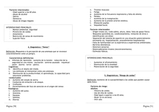 Factores relacionados:                                                         n.     Tirantez muscular.
     - Edad superior a los 60 años                                                o.     Fatiga.
     - Abuso de alcohol                                                           p.     Aumento de la frecuencia respiratoria y falta de aliento.
     - Delirio                                                                    q.     Palidez.
     - Demencia                                                                   r.     Aumento de la transpiración.
     - Abuso de drogas ilegales                                                   s.     Aumento de la presión arterial sistólica.
                                                                                  t.     Dilatación pupilar.
                                                                                  u.     Sequedad bucal.
INTERVENCIONES PRINCIPALES
    · Manejo ambiental: seguridad                                                 Factores relacionados:
    · Prevención de caídas                                                         - Origen innato (ej. ruido súbito, altura, dolor, falta de apoyo físico)
    · Aislamiento                                                                  - Respuesta aprendida (ej. condicionamiento, imitación de otros o
    · Restricción de zonas de movimiento                                             identificación con ellos)
    · Sujeción física                                                              - Separación del sistema de soporte en una situación potencialmente
                                                                                     estresante (ej. hospitalización, procedimientos hospitalarios)
                                                                                   - Falta de familiaridad con la experiencia o experiencias ambientales.
                                                                                   - Barreras idiomáticas.
                         4. Diagnóstico: “Temor”                                   - Deterioro sensorial.
                                                                                   - Desencadenantes innatos (neurotransmisores).
Definición: Respuesta a la percepción de una amenaza que se reconoce               - Estímulos fóbicos.
conscientemente como un peligro.

    Características definitorias:                                              INTERVENCIONES PRINCIPALES
   a. Informes de: Aprensión – aumento de la tensión – reducción de la
       seguridad en uno mismo – excitación – sentirse asustado – inquietud –      ·      Aumentar el afrontamiento
       pavor – alarma – terror – pánico.                                          ·      Disminución de la ansiedad
   Cognitivas:                                                                    ·      Potenciación de la seguridad.
   b. Identifica el objeto del miedo.
   c. Los estímulos se interpretan como una amenaza.
   d. Disminución de la productividad, el aprendizaje, la capacidad para
        solucionar problemas.                                                                         5. Diagnósticos: “Riesgo de caídas”
   conductuales:
   e. Aumento del estado de alerta                                             Definición: Aumento de la susceptibilidad a las caídas que pueden causar
   f. Conductas de evitación o de ataque.                                      daño físico.
   g. Irreflexión.
   h. Estrechamiento del foco de atención en el origen del temor.                     Factores de riesgo:
  fisiológicas:                                                                       Adultos:
   i. Aumento del pulso.                                                                - Historia de caídas.
   j. Anorexia.                                                                         - Uso de silla de ruedas.
   k. Nauseas.                                                                          - Edad igual o superior a los 65 años.
   l. Vómitos.                                                                          - Mujer (si es anciana)
   m. Diarrea                                                                           - Vivir solo


Página |50|                                                                                                                                          Página |51|
 