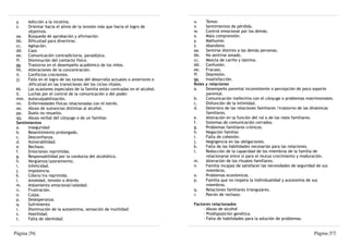 y.    Adicción a la nicotina.                                                  u.      Temor.
 z.    Orientar hacia el alivio de la tensión más que hacia el logro de         v.      Sentimientos de pérdida.
       objetivos.                                                               w.      Control emocional por los demás.
 aa. Búsqueda de aprobación y afirmación.                                       x.      Mala comprensión.
 bb. Dificultad para divertirse.                                                y.      Malhumor.
 cc.   Agitación.                                                               z.      Abandono.
 dd. Caos                                                                       aa.     Sentirse distinto a las demás personas.
 ee. Comunicación contradictoria, paradójica.                                   bb.     No sentirse amado.
 ff.   Disminución del contacto físico.                                         cc.     Mezcla de cariño y lástima.
 gg.   Trastorno en el desempeño académico de los niños.                        dd.     Confusión.
 hh. Alteraciones de la concentración.                                          ee.     Fracaso.
 ii.   Conflictos crecientes.                                                   ff.     Depresión.
 jj.   Fallo en el logro de las tareas del desarrollo actuales o anteriores o   gg.     Insatisfacción.
       dificultad en las transiciones del los ciclos vitales.                   Roles   y relaciones
 kk.   Las ocasiones especiales de la familia están centradas en el alcohol.    a.      Desempeño parental inconsistente o percepción de poco soporte
 ll.   Luchas por el control de la comunicación o del poder.                            parental.
 mm. Autoculpabilización.                                                       b.      Comunicación inefectiva con el cónyuge o problemas matrimoniales.
 nn. Enfermedades físicas relacionadas con el estrés.                           c.      Disfunción de la intimidad.
 oo. Abuso de sustancias distintas al alcohol.                                  d.      Deterioro de las relaciones familiares /trastorno de las dinámicas
 pp. Duelo no resuelto.                                                                 familiares.
 qq. Abuso verbal del cónyuge o de un familiar.                                 e.      Alteración en la función del rol o de los roles familiares.
 Sentimientos                                                                   f.      Sistemas de comunicación cerrados.
 a.    Inseguridad                                                              g.      Problemas familiares crónicos.
 b.    Resentimiento prolongado.                                                h.      Negación familiar.
 c.    Desconfianza.                                                            i.      Falta de cohesión.
 d.    Vulnerabilidad.                                                          j.      Negligencia en las obligaciones.
 e.    Rechazo.                                                                 k.      Falta de las habilidades necesarias para las relaciones.
 f.    Emociones reprimidas.                                                    l.      Reducción de la capacidad de los miembros de la familia de
 g.    Responsabilidad por la conducta del alcohólico.                                  relacionarse entre sí para el mutuo crecimiento y maduración.
 h.    Vergüenza/azoramiento.                                                   m.      Alteración de los rituales familiares.
 i.    Infelicidad.                                                             n.      Familia incapaz de satisfacer las necesidades de seguridad de sus
 j.    Impotencia.                                                                      miembros.
 k.    Cólera/ira reprimida.                                                    o.      Problemas económicos.
 l.    Ansiedad, tensión o distrés.                                             p.      Familia que no respeta la individualidad y autonomía de sus
 m.    Aislamiento emocional/soledad.                                                   miembros.
 n.    Frustración.                                                             q.      Relaciones familiares triangulares.
 o.    Culpa.                                                                   r.      Patrón de rechazo.
 p.    Desesperanza.
 q.    Sufrimiento                                                              Factores relacionados
 r.    Disminución de la autoestima, sensación de inutilidad.                        - Abuso de alcohol
 s.    Hostilidad.                                                                   - Predisposición genética.
 t.    Falta de identidad.                                                           - Falta de habilidades para la solución de problemas.


Página |56|                                                                                                                                    Página |57|
 